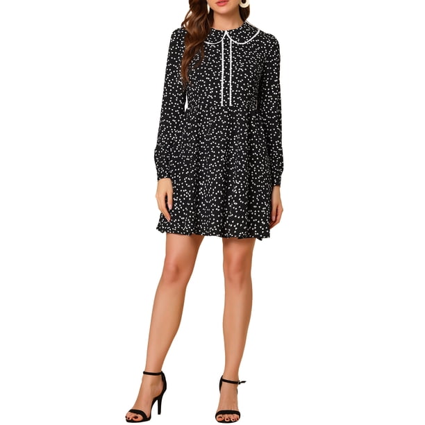 Vestido mini negro de mujer con estampado de corazones, manga larga, corte A, con encaje y cuello tipo Peter Pan