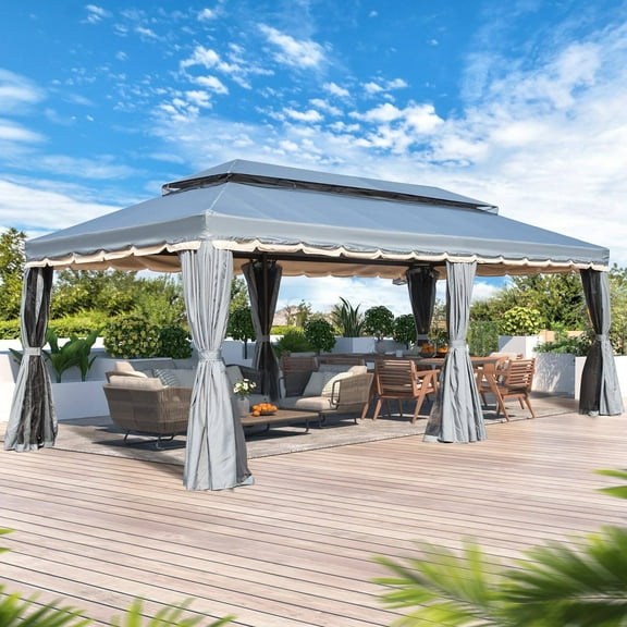 Erommy 10x20 Outdoor Screened Gazebo with Netting and Shade Curtains , Steel Double Roof Patio Gazebo for Deck,Backyard and Garden, Gray