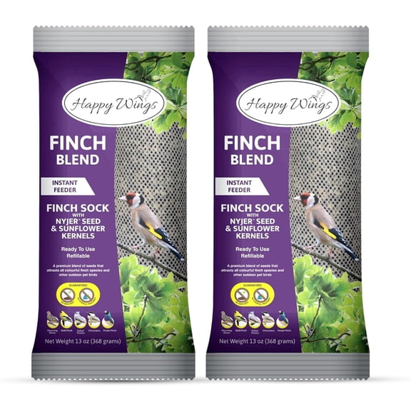 Happy Wings Finch Blend Bird Food 13Oz (Pack of 2) - Mix of Sunflower Hearts / Kernels and Nyjer Seed Wild Bird Food - Prefilled Sock - No Grow Seed - Bird Seeds for Wild Birds