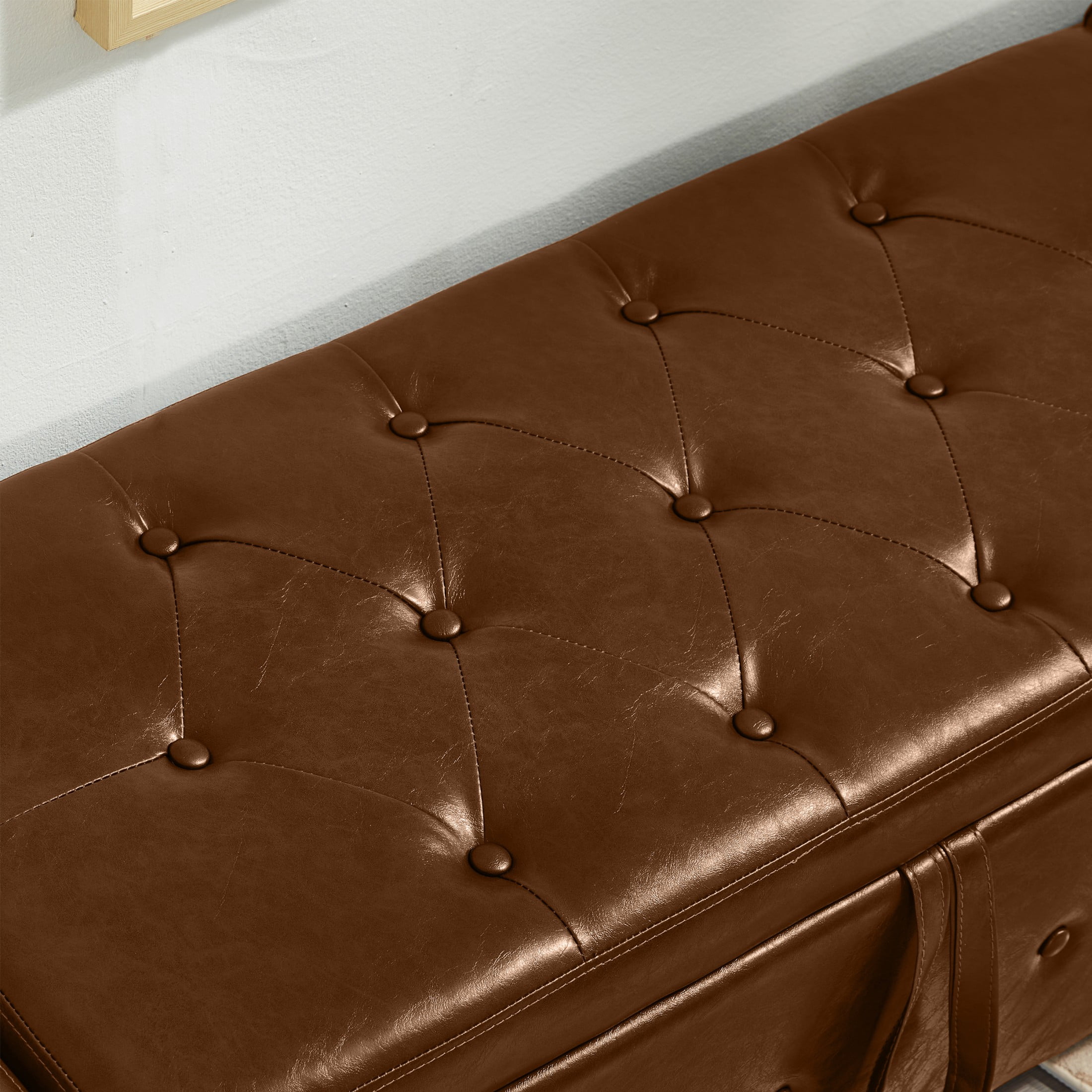 Aukfa 48" Storage Ottoman Bench with Safety Hinges, Upholstered Tufted Faux Leather Bench for Bedroom, Living Room & Entryway, Brown