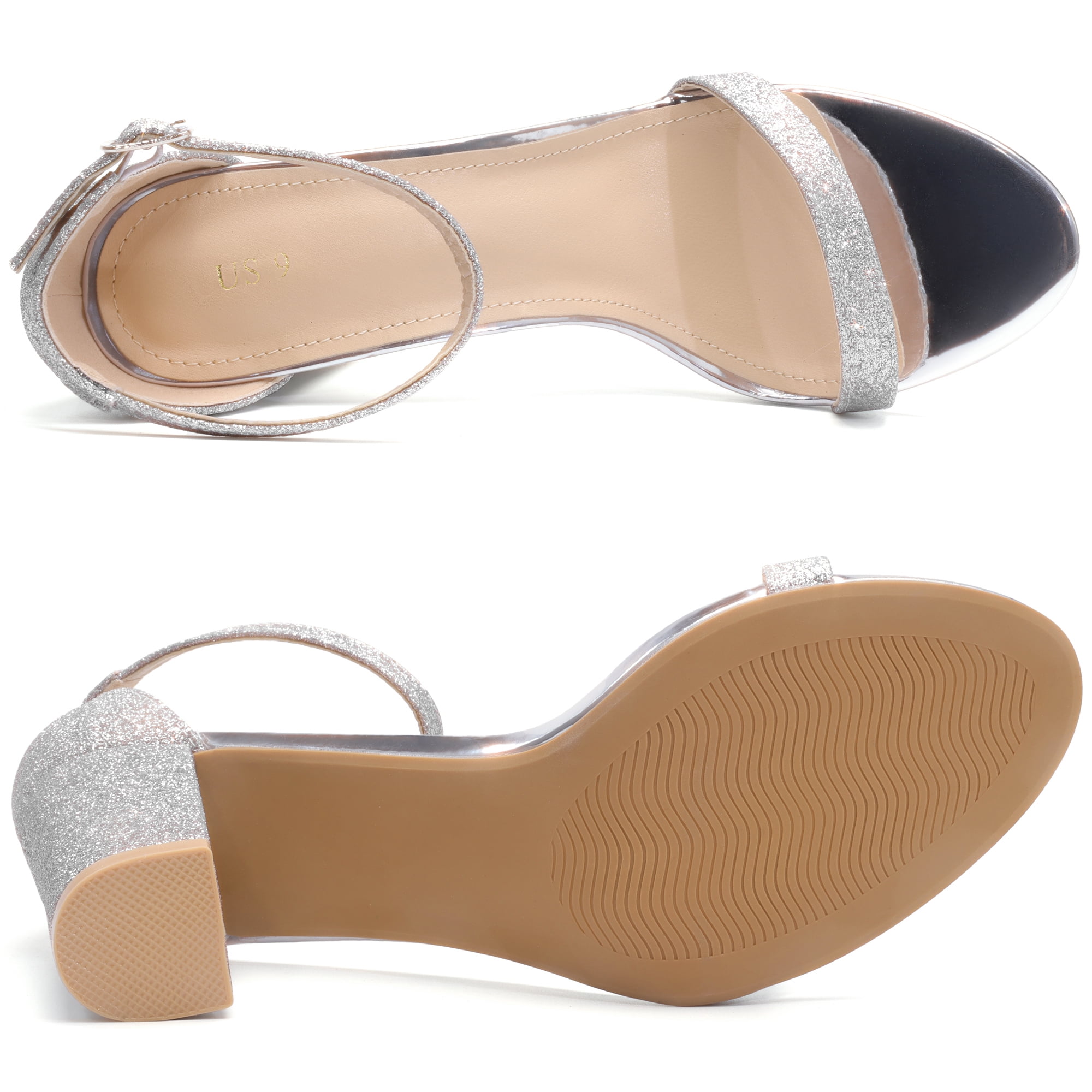 DARING DIVA Women's Ankle Strap Chunky Heels Glitter Vamp Open-Toe Sandals Silver 8