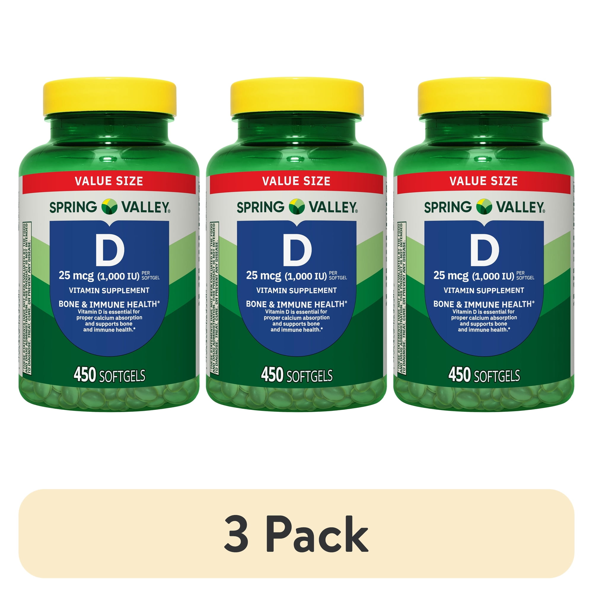 (3 pack) Spring Valley Vitamin D3 Softgels, 25 mcg (1000 IU), 450 Count, Supplement for Bone and Immune Health