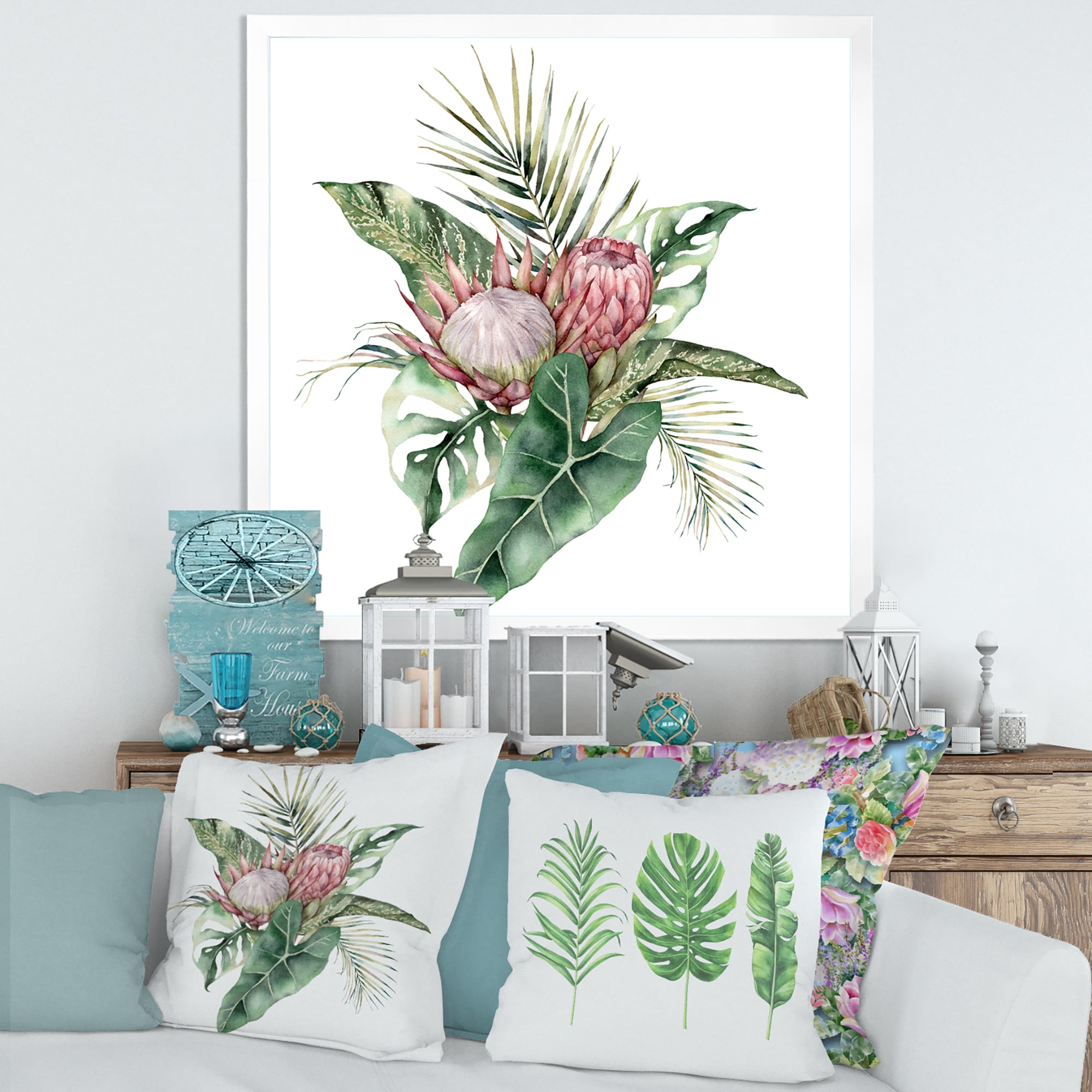 Designart 'Queen Proteas Palm & Monstera Leaves' Traditional Framed Art Print