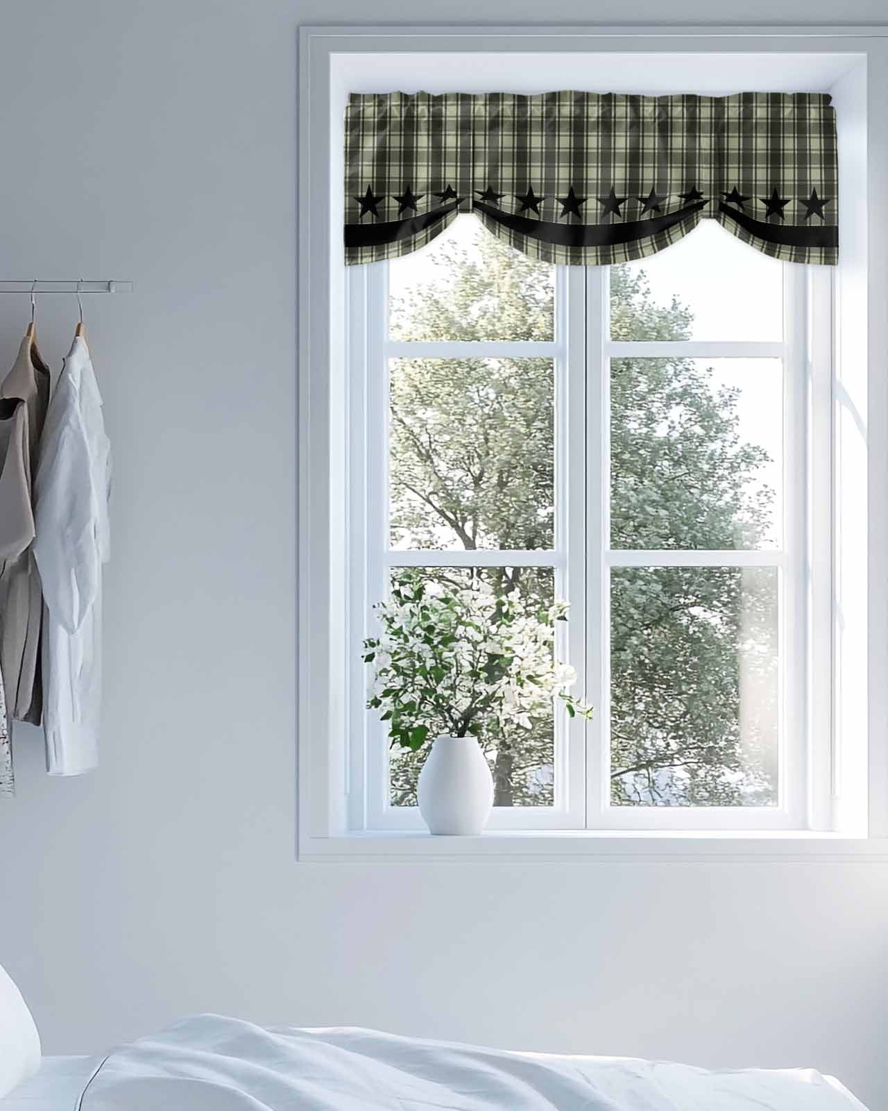 Checkered Stars Tie Up Valances Curtain, Adjustable Kitchen Sage Green Black Plaid Art Valances for Windows Decor, Rod Pocket Short Curtains Set for Bedroom/Bathroom, 54"x18"