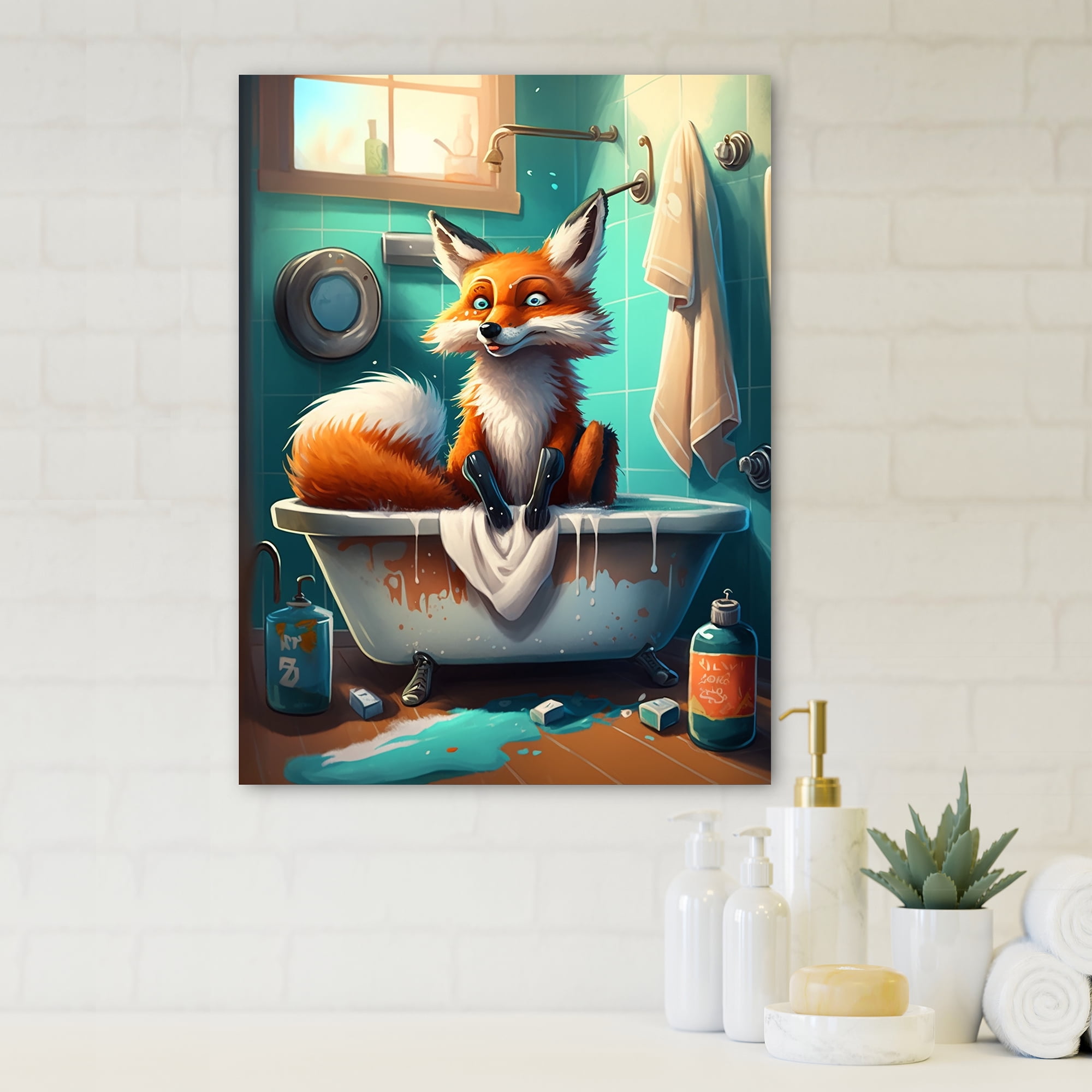 Designart Funny Fox Making A Mess In The Bathroom I Canvas Wall Art