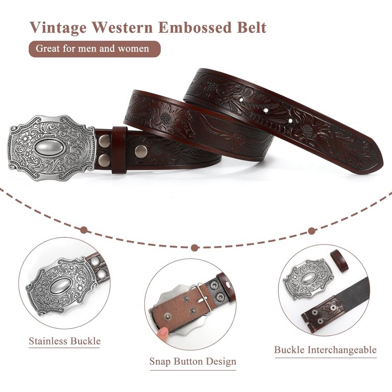 Western Leather Buckle Belt for Men Women Floral Engraved  display picture 3