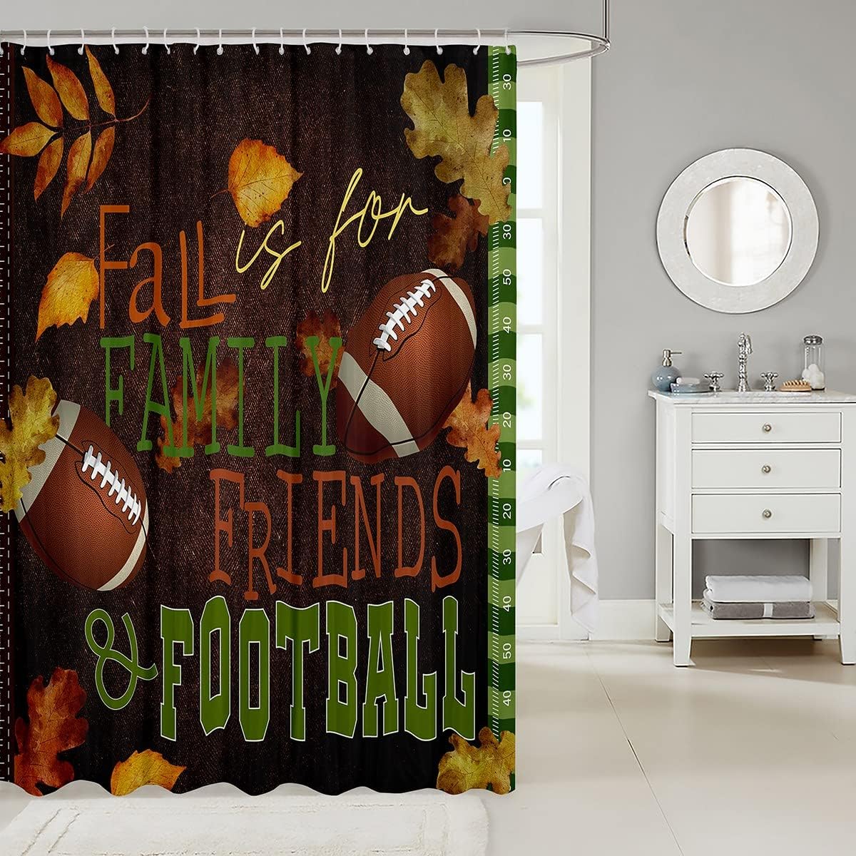 American Football Bath Curtain Grunge Fall Leaves Shower Curtain Set for Kids Child Boys Girls,Autumn Harvest Thanksgiving Shower Curtain Rugby Sports Ball Vintage 72"Wx84"L Farmhouse Fall Decor,Brown