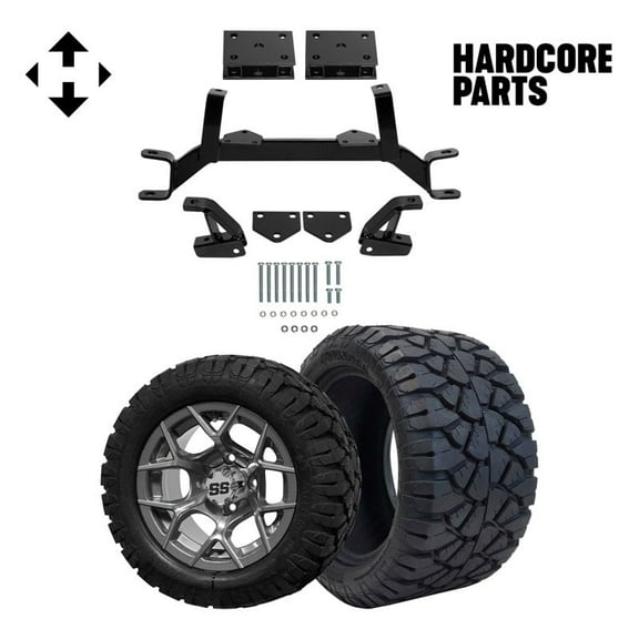 Hardcore Parts 4" Drop Axle Lift Kit for EZGO TXT/PDS (1994.5-2001.5) Gas Golf Cart with 12" Machined/Gunmetal 'Rally' Wheels & 20"x10"-12" STINGER On-Road/Off-Road DOT rated All-Terrain tires