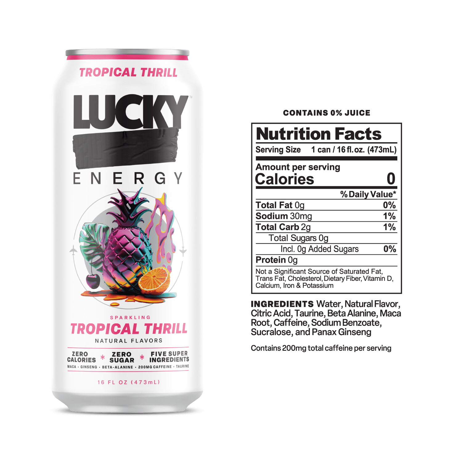 Lucky Energy Sugar Free Energy Drinks, Tropical Thrill, 16oz Cans (12-Pack) Healthy, Zero Sugar Energy Drink with Maca, Ginseng, Beta-Alanine, Taurine & 200mg Caffeine