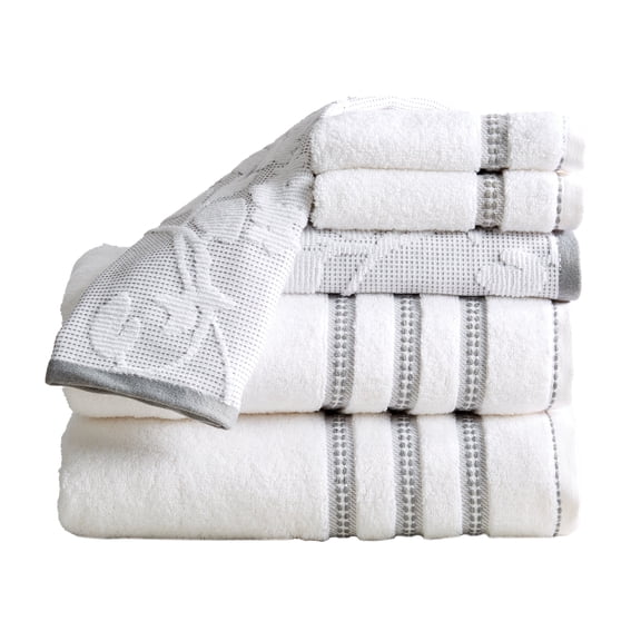 Great Bay Home Cotton Floral Jacquard Towel Set (6 Piece Set, White / Grey)