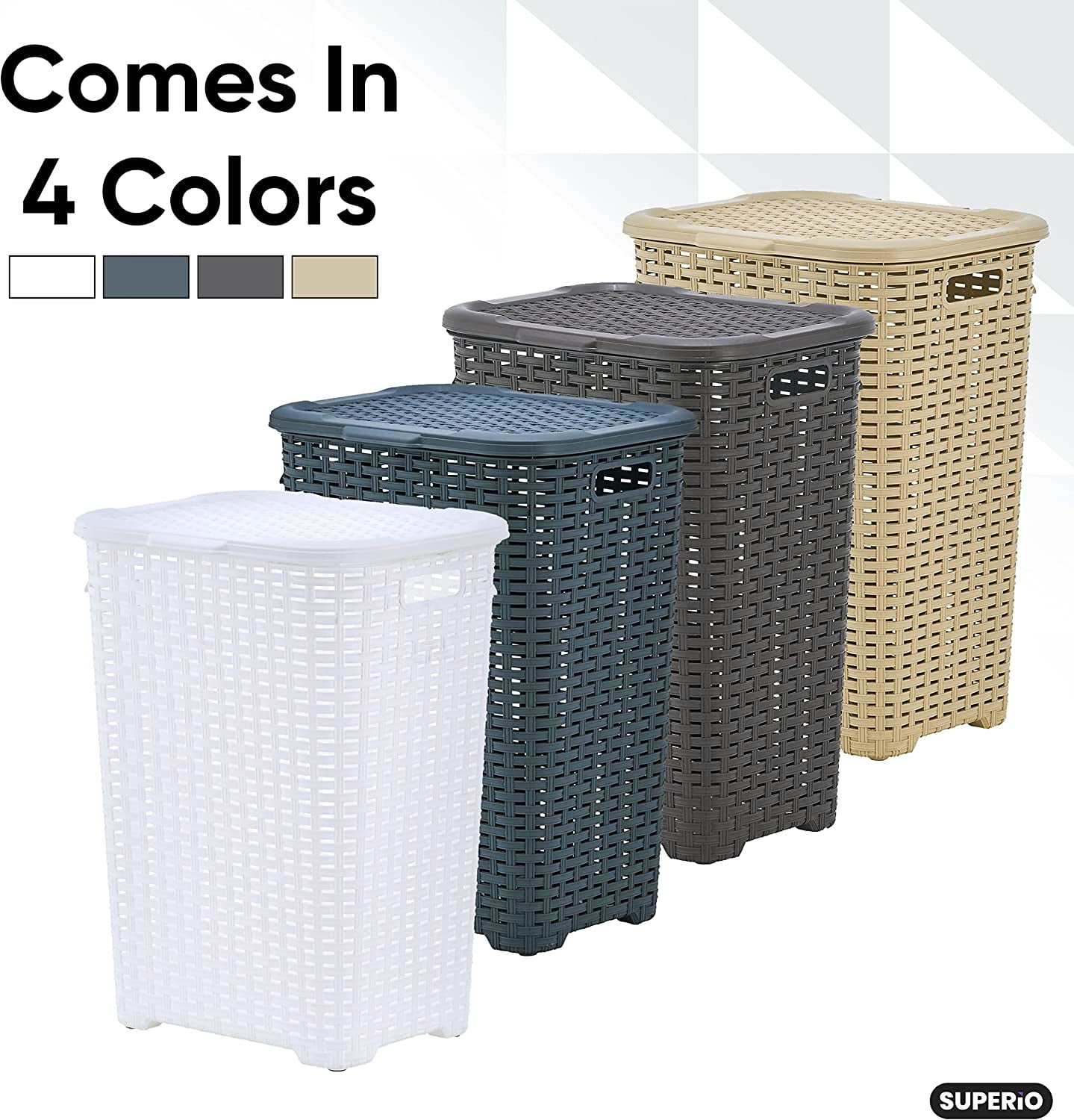Superio 60L Large Wicker Plastic Laundry Hamper with Lid - Beige (3 Pack)