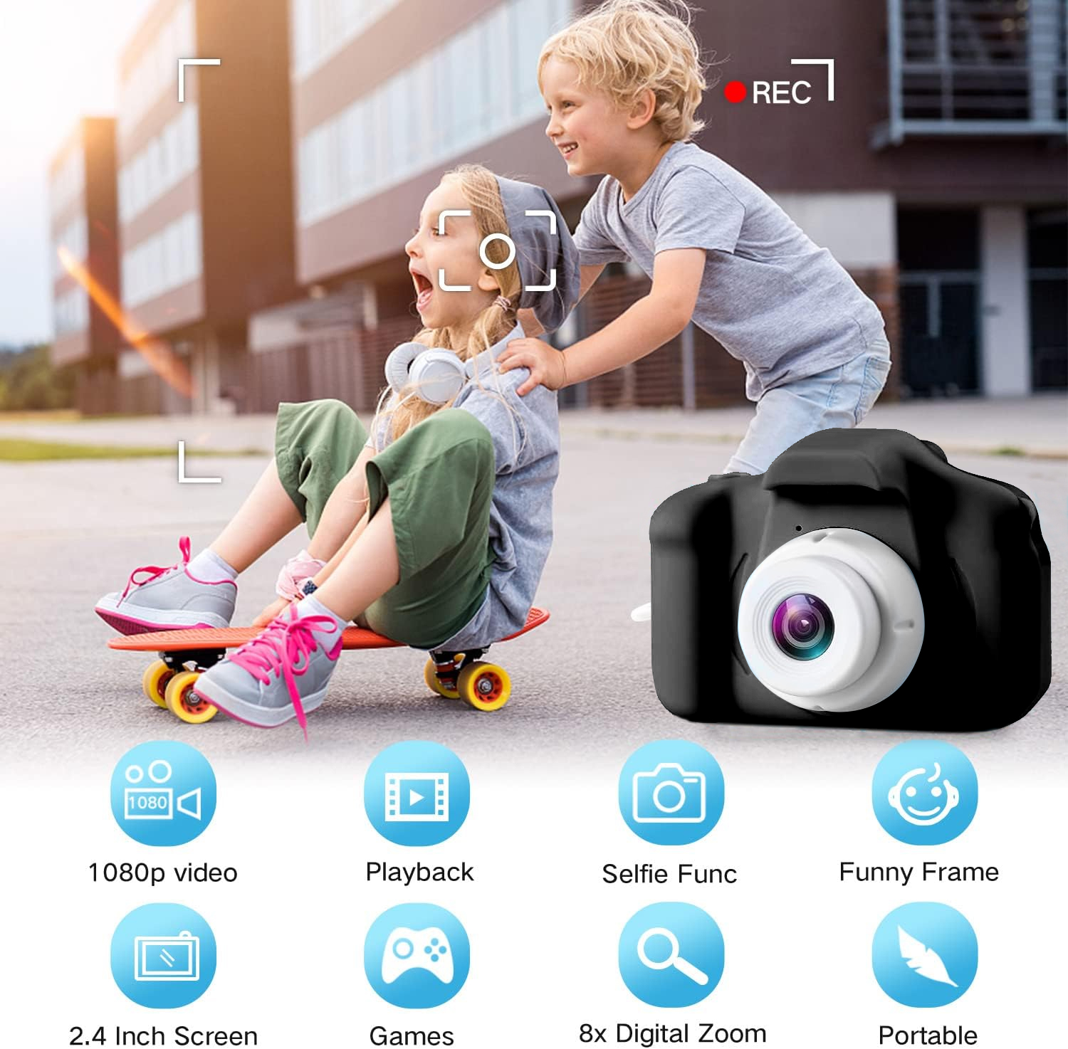 Sanmadrola Kids Digital Camera, Dual Lens, 1080p, Black photo 5