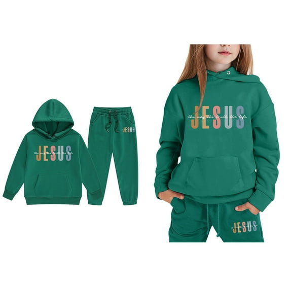 Child Boys Jesus Loves You Hooded Sweatshirts Long Sleeve Casual Graphic Hoodies Girls Loose Pullover and Jogger Pants 2 Pcs Winter Clothes Teenage Girl Clothes 6-7 Years