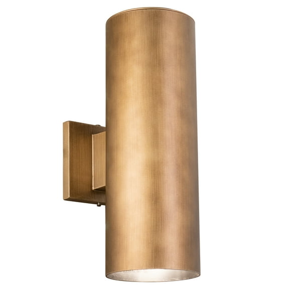 Homestock Country Cottage 14.25-In H Warm Brass Outdoor Mid Century Modern 2 Light Outdoor Cylinder Wall Sconce, Up-Down Lighting