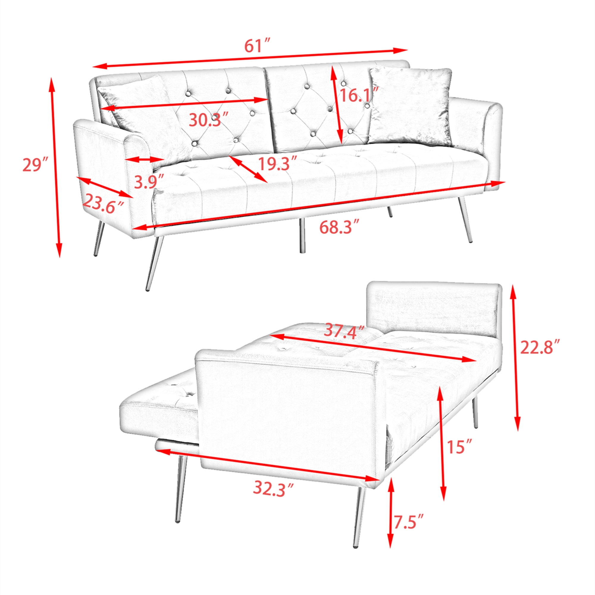Aukfa Velvet Futon Convertible Sofa Bed for Home Office, 2 Pillows, Upgraded Metal Base, Gray