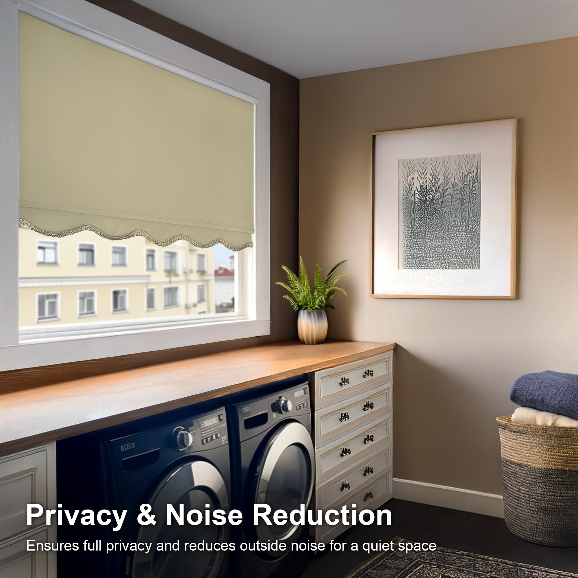 Chicology Blackout Roller Shades with Fringe | Cordless Light Filtering Window Blinds |38.75"W X 64"H| Decorative Privacy Shades for Home & Office | UV Protection | Cream