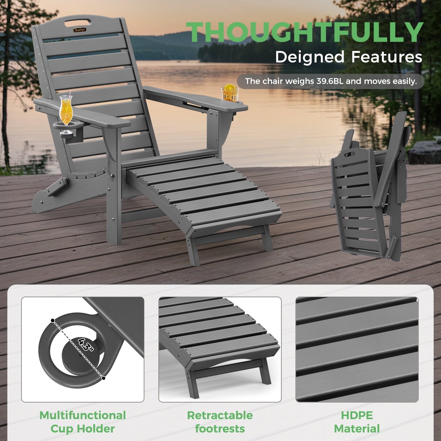 Folding Adirondack Chair with Ottoman Set of 2 HDPE Outdoor Chair Pull Out Footrest with 2 Cup Holders Garden Lawn Grey