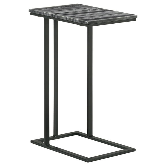 Benjara Enu 25 Inch Accent C Table, Marble Top, Black Metal Cantilever Base, Gray