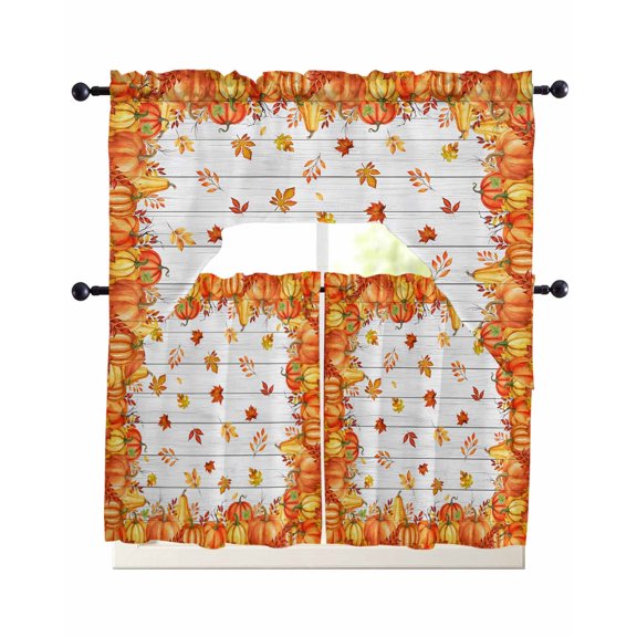 Orange Fall Swag Kitchen Curtains Sets for Windows 24 Inch Length, Vintage Maple Leaf Pumpkins Thanksgiving Short Window Curtain Panels Swags Valances and Tiers 3 Piece Set for Cafe/Dining Room