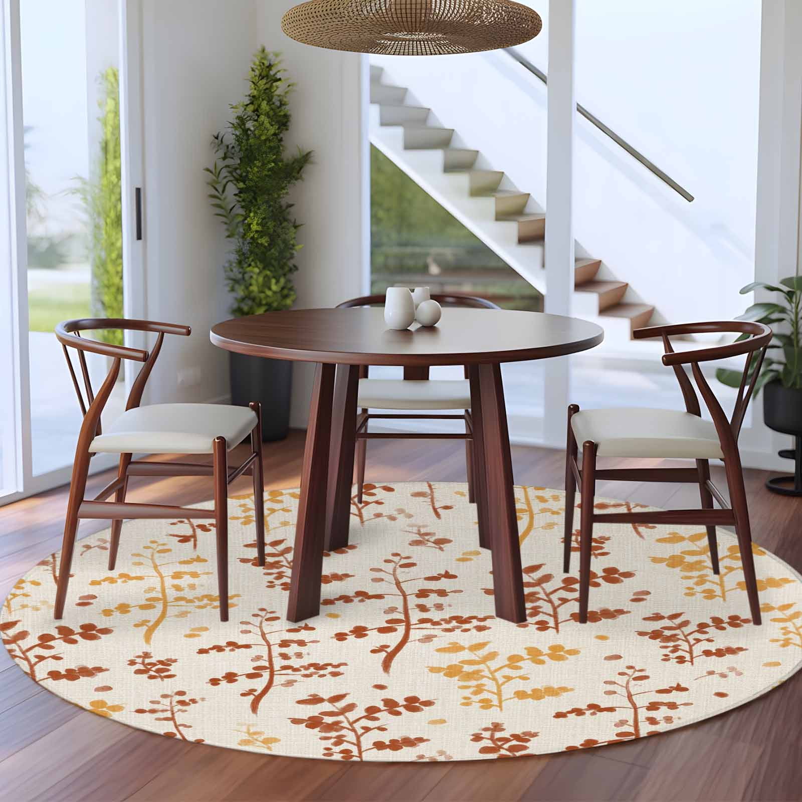 Orange Yellow Botanical Round Area Rug 6Ft Washable Circle Rugs for Bathroom Office, Rustic Country Spring Floral Summer Leaf Non-Slip Carpet Floor Mats Indoor Outdoor Carpet Runner Home Decor