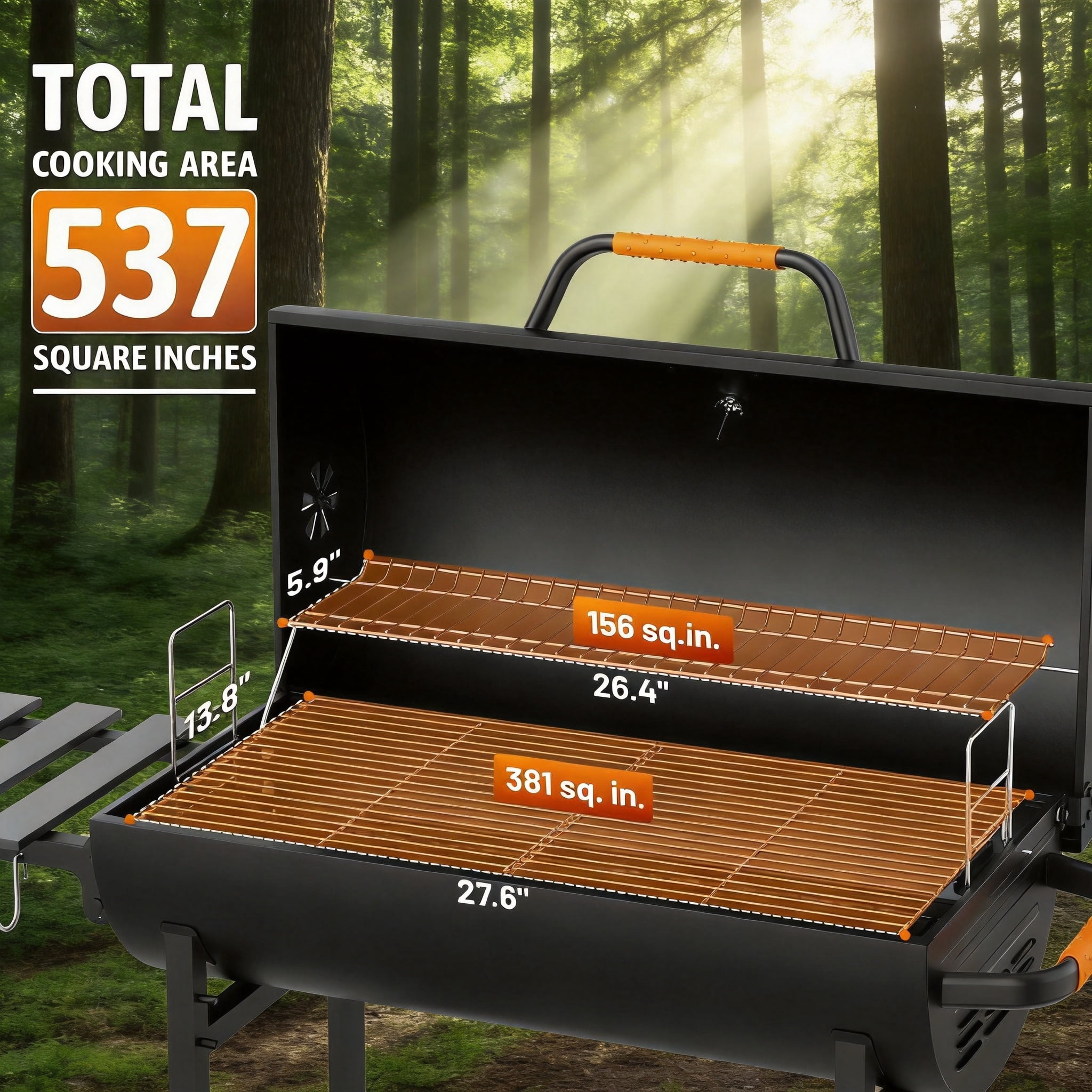 KEYO GRILL 537 SQ in Charcoal Grill with Adjustable Height Charcoal Pan, Foldable Side Shelf for Backyard, Black
