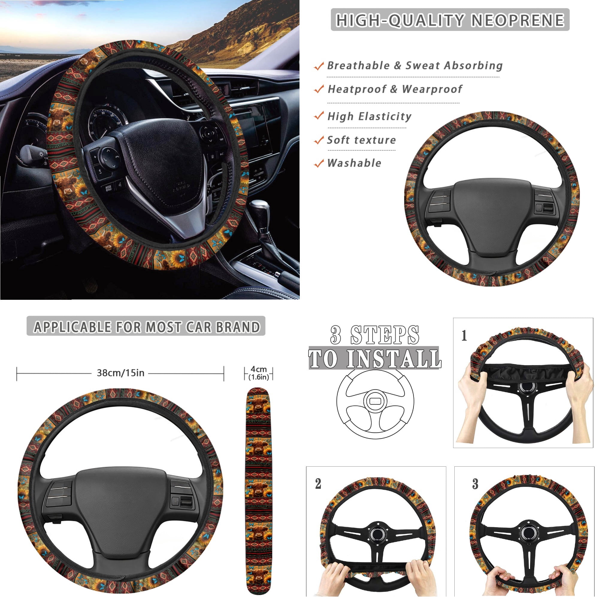 Renewold American Tribal Highland Cow 14 Pack Car Accessories, Auto Seat Protector Steering Wheel Cover Seatbelt Strap Pad Trash Can Armrest Pad Cup Holders Rearview Mirror Handbrake Cover Set