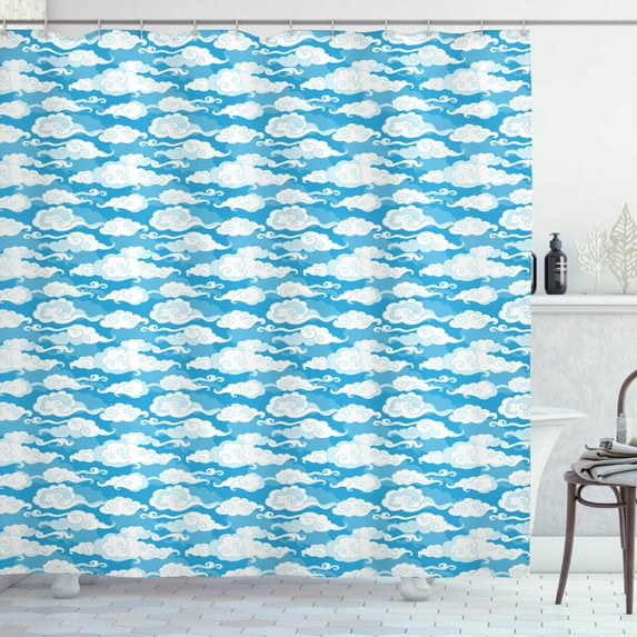 Blue and White Shower Curtain, Swirling Artistic Fluffy Cloud Shapes with Japanese Influences, Fabric Bathroom Set with Hooks, 69W X 84L Inches Extra Long, Blue Baby Blue and White, by Ambesonne
