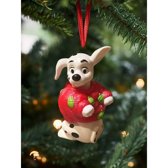 ORNAMENT 101 Dalmatians Red Sweater Green Bulbs Vintage Disney Figurine Holiday