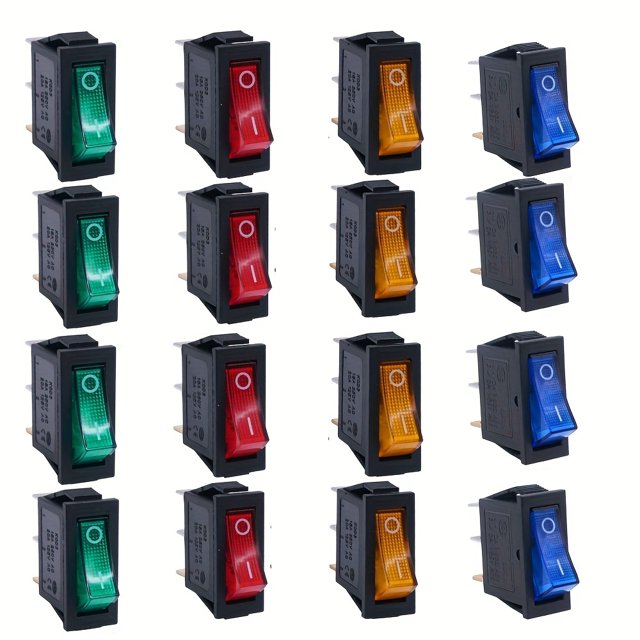 MesaSe 16pcs NODEMCU LUA KCD3 3pin Rocker Switch Toggle SPST AC 250V 125V Red Blue Green Yellow Light Illuminated LED On/Off SPST 3 Pin 2 Position Mini Boat Rocker Toggle Switch Snap