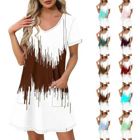 Dazajoo Womens Short Sleeve Dresses with Pockets Casual Tie Dye V Neck Midi Dress 2025 Summer Beach Vacation Sundresses,Blue,S