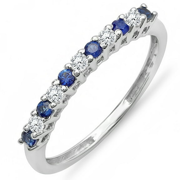 0.33 Carat (ctw) 10K White Gold Round White Diamond & Blue Sapphire Anniversary Stackable Wedding Band 1/3 CT