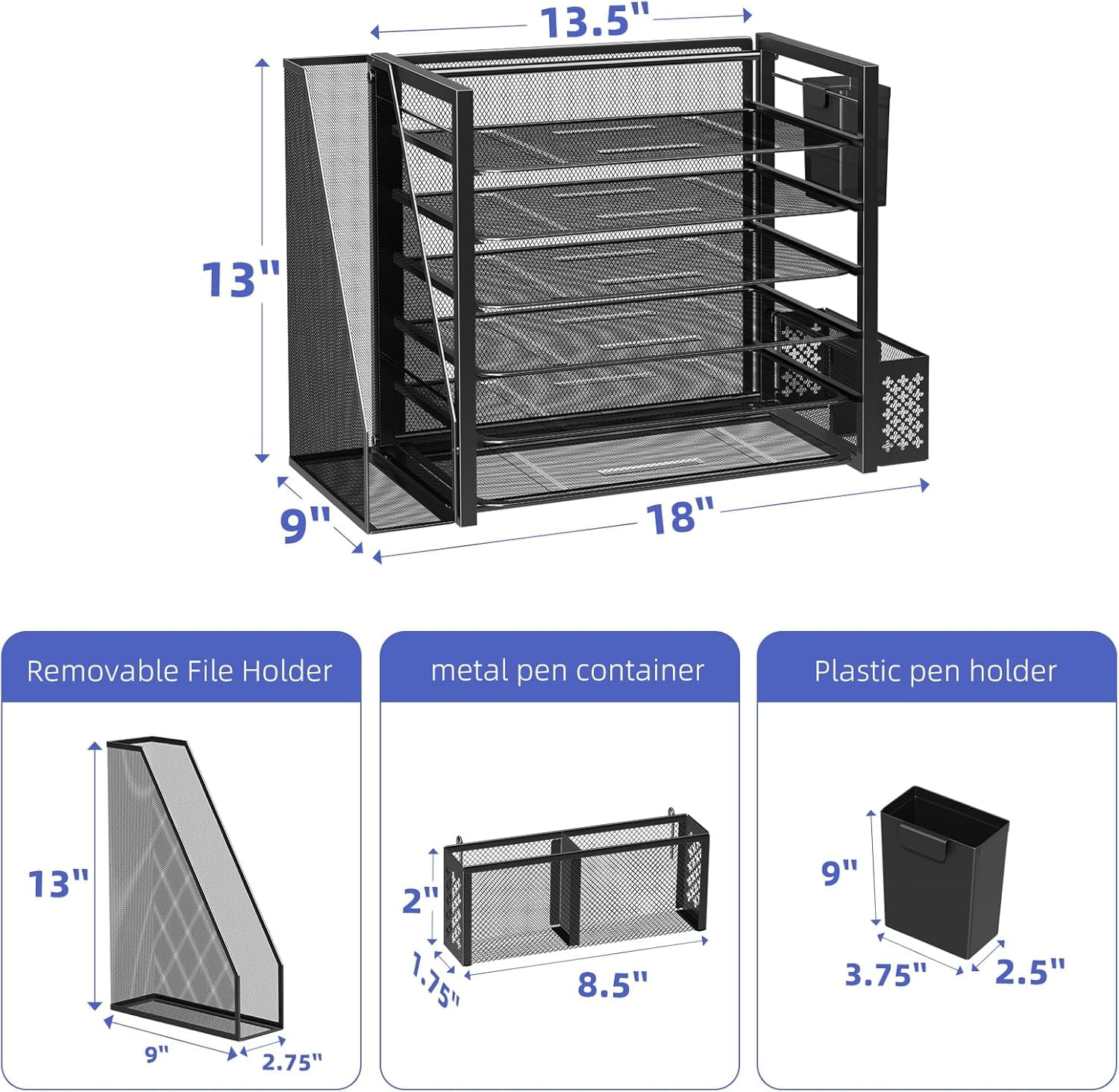 6 Tier Desk File Organizer, Paper Letter Tray Organizer with File Holder and Pen Container, Black