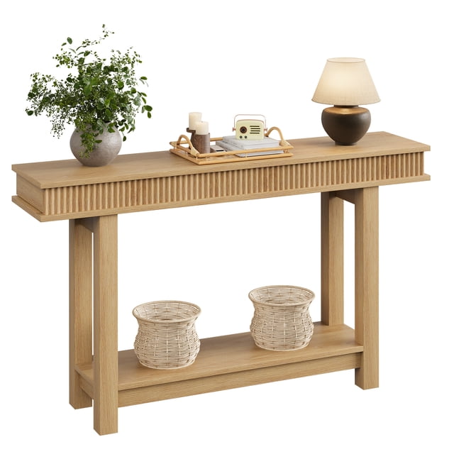 Farmhouse Fluted Console Dining Table – 2-Tier Rectangular Wood Entryway Table with Storage Shelf – Space-Saving Sofa Table for Living Room, Hallway, or Dining Room – Natural Wood Finish