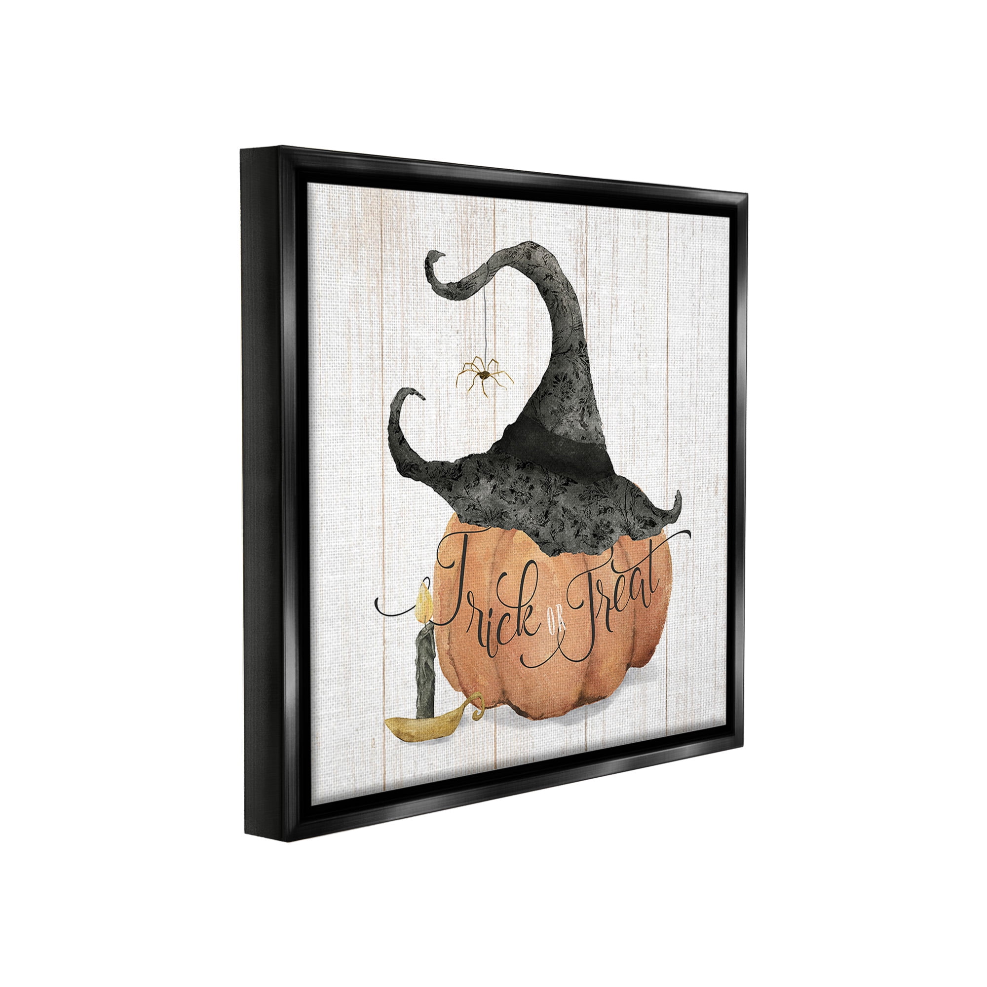 Stupell Industries Pumpkin & Witch Hat Holiday Painting Black Floater Framed Canvas Art Print Wall Art, 18 x 18