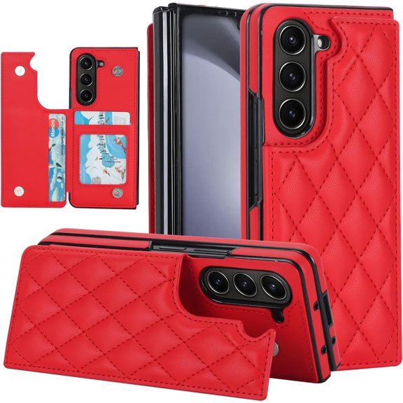 REQO for Samsung Galaxy Z Fold 5 Wallet Case with Credit Card Holder, Fold Premium Leather Magnetic Clasp Kickstand Heavy Duty Protective Cover
