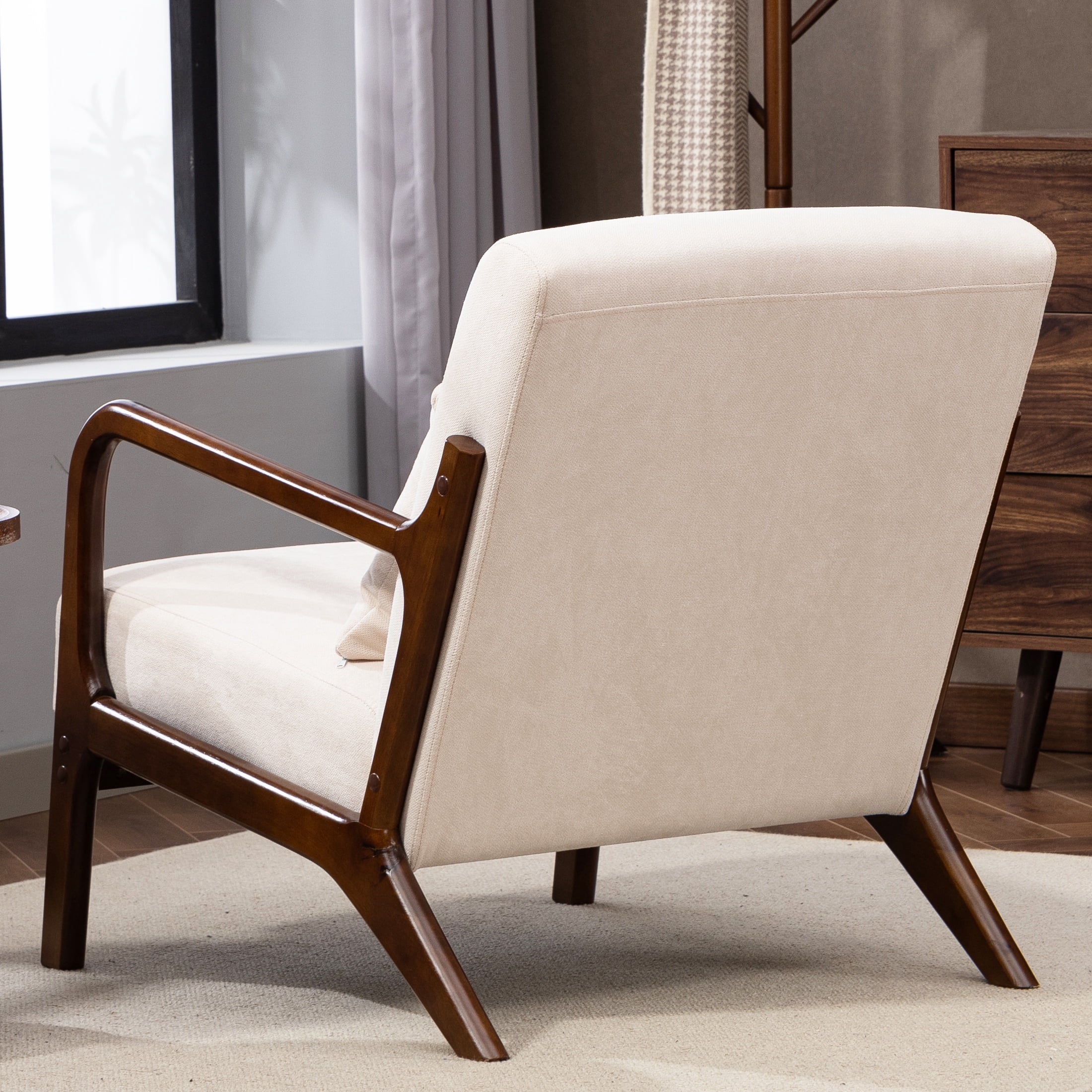 PORKISS Modern Arm Chair Velvet Fabric Upholstered Comfy Reading Accent Chair with Solid Wood Frame and Pillow, Armchair Comfort Club Chair Lounge Chair for Living Room Bedroom Sunroom, White #2