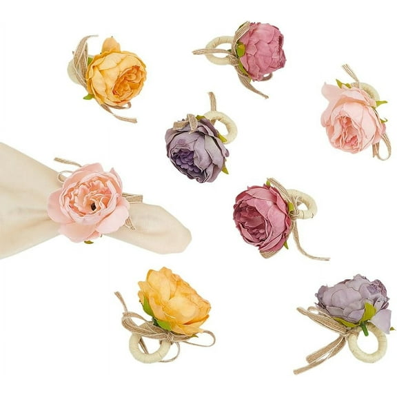 1 Set Raffia Napkin Rings with Cloth Artificial Peony Flower Mixed Color 70mm 2pcs/color