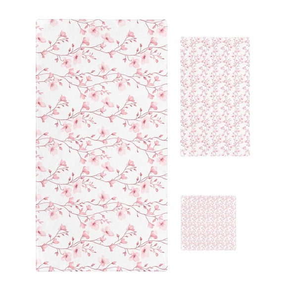 Pink Spring Floral Towel Set of 3, Soft Microfiber Bath Towels, Hand Towel, Washcloths, Elegant Watercolor Summer Botanical Quick-Dry Absorbent Towels for Bathroom Kitchen Hotel Beach Gym Spa