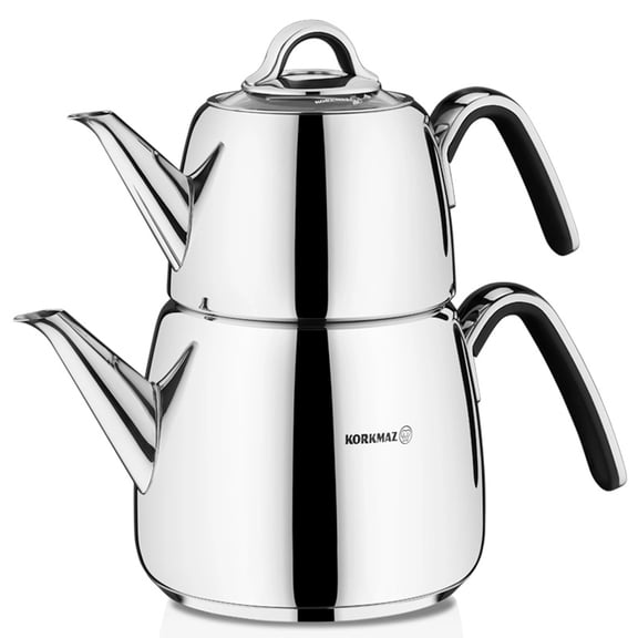 Korkmaz Vertex Turkish Teapot Set with Self Strainer,  Stainless-steel Double Tea Maker, 3.1 qt