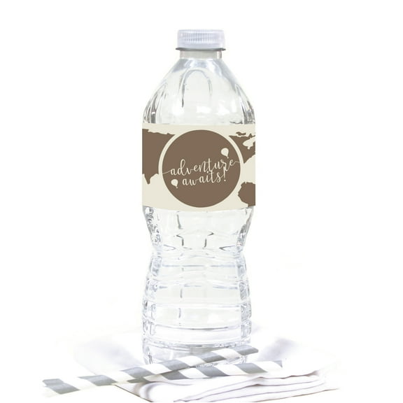 Hot Air Balloon World Map, Vintage Tan Brown, Water Bottle Labels, 20-Pack
