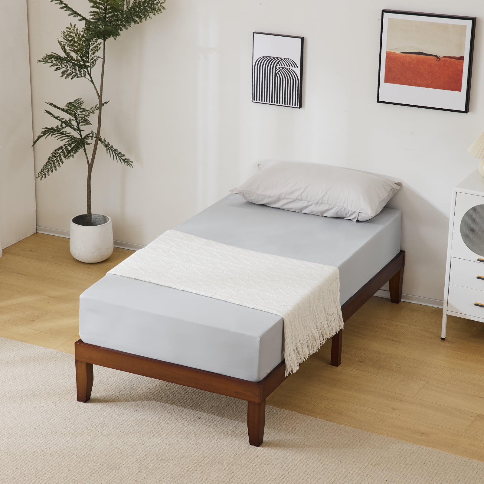 Twin Basic Bed Frame Pine Wood Painted Surface Bed Single Bed, 74.41*37.99*12in Coffee