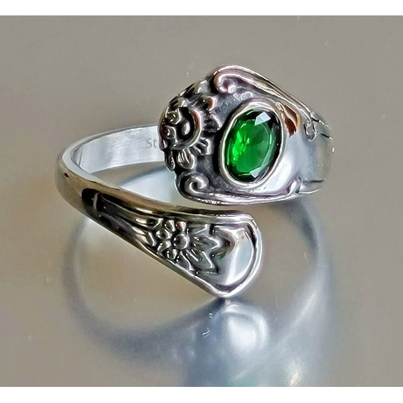 Stainless Steel Spoon Ring - Silver Finish Spoon Ring with Emerald Cubic Zirconia & Flower by Mdream