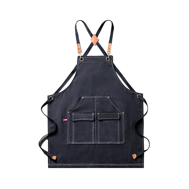 Delantal de lona, delantal de trabajo con bolsillos grandes, correa ajustable, delantal de chef portátil para restaurante, taller, barbacoa, hogar, Negro