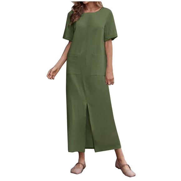 Tumotour Summer Dress For Women Dress Casual Beach Round-Neck Dress T Shirt Dress Split Long Dress Travel 2025 Vacation Short Sleeve Long Dress