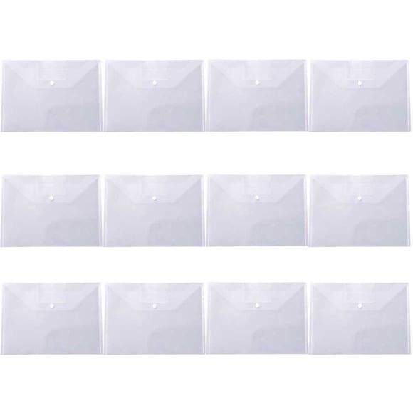 12 Uds. De sobres de plástico A4, carpetas de archivos, organizador de papel de prueba de información de facturas con botón para negocios, Carpetas de archivos Bolsillo transparente/etiqueta
