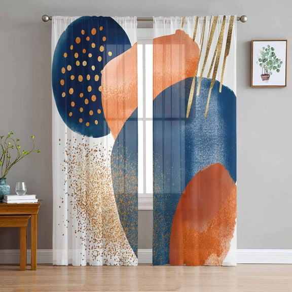 Navy Blue Burnt Orange Sheer Curtains 84 Inches Long 2 Panels Set, Window Sheer Curtains for Living Room/Bedroom, Abstract Modern Geometric Light Filtering Rod Pocket Curtain 52'' x 84'' x 2