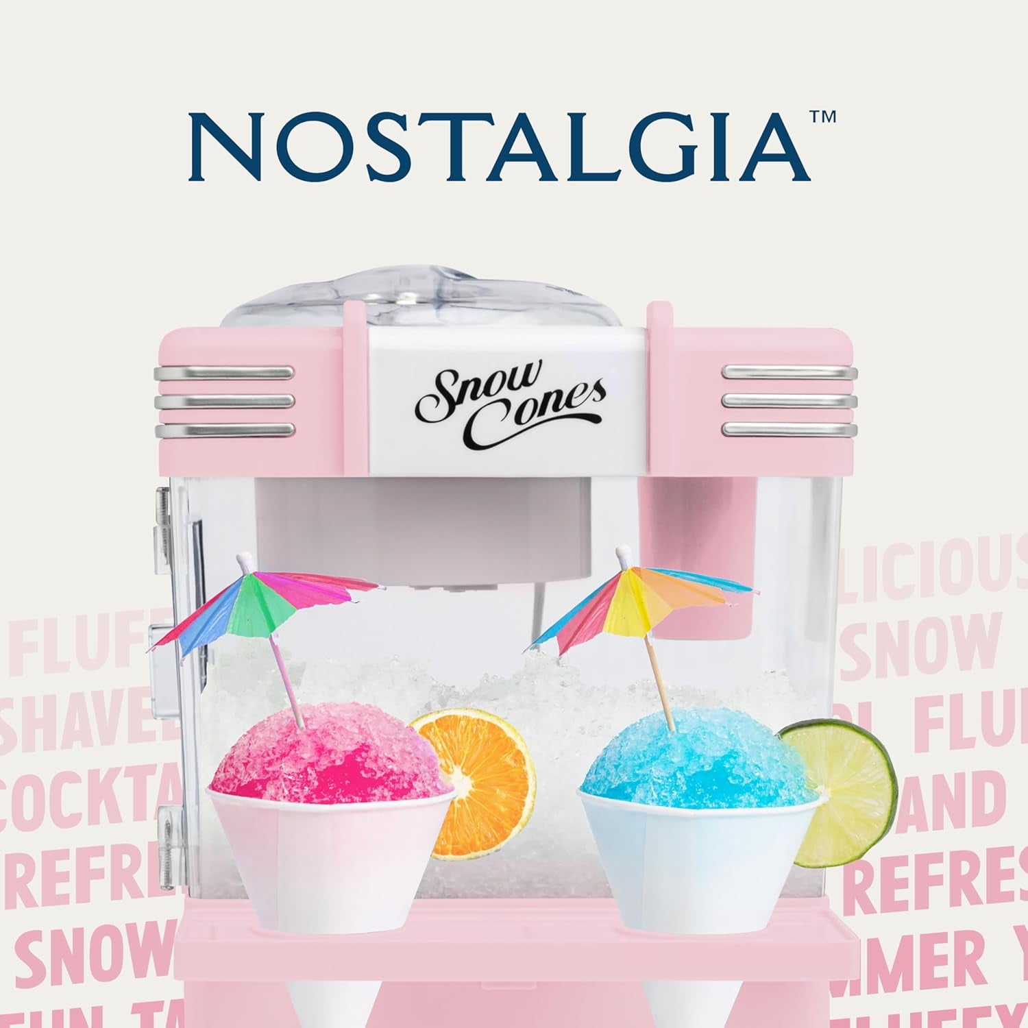 Retro Snow Cone Maker – Countertop 5-qt Shaved Ice  – Stainless Steel Blades – Includes 2 Reusable Cups, Ice Scoop, & Side Shelf – Pink