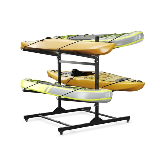 Mescukay Kayak Storage Rack for 4 Kayaks, Freestanding Kayak Rack for Outdoor Storage with Movable Wheels, Heavy-Duty Steel Kayak Hanger Holder with Hanging Straps