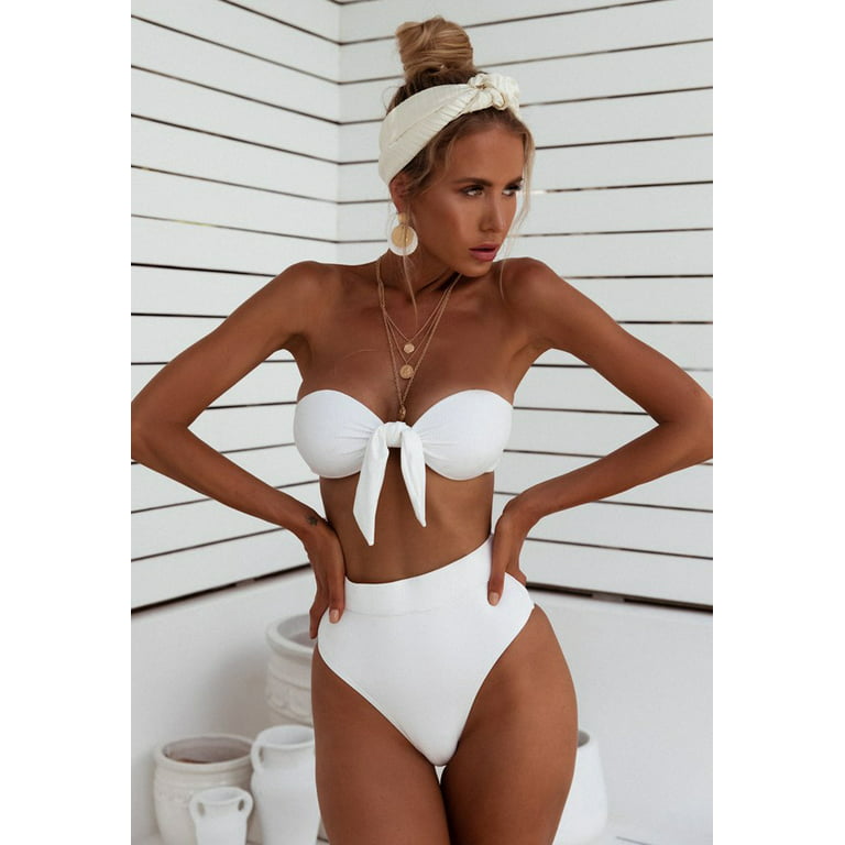 Finelylove Swimsuits For Big Busted Women Push-Up Bandeau Bra Style Bikini  White S 