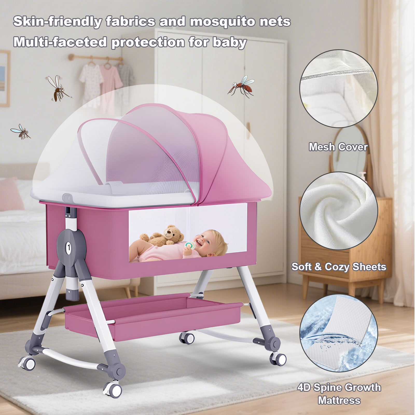 LUOLUO Baby Bassinet with Wheels & Changing Table,  5-in-1 Infant Bedside Crib for 0-24 Months,Adjustable Height, Breathable Mesh & Mattress, Pink